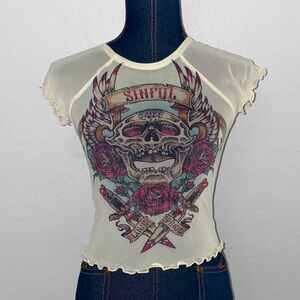 Sinful Beige Skull and Rose Tee